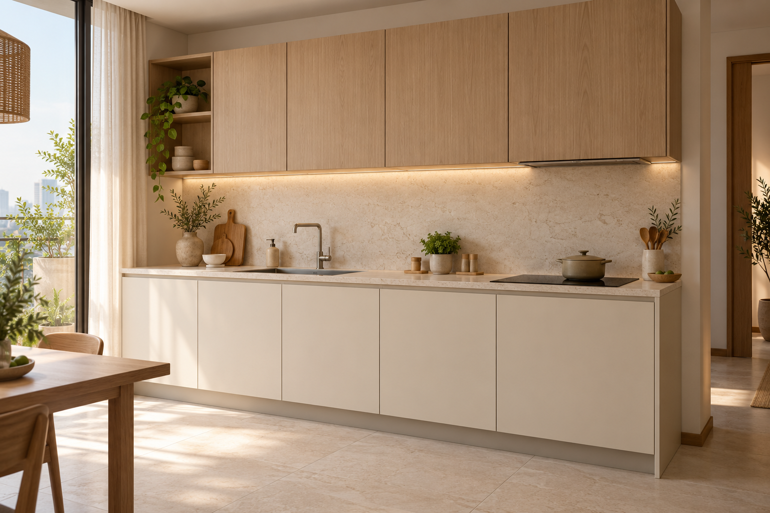 Ảnh ý tưởng Bếp thẳng · gỗ sáng & trắng ấm